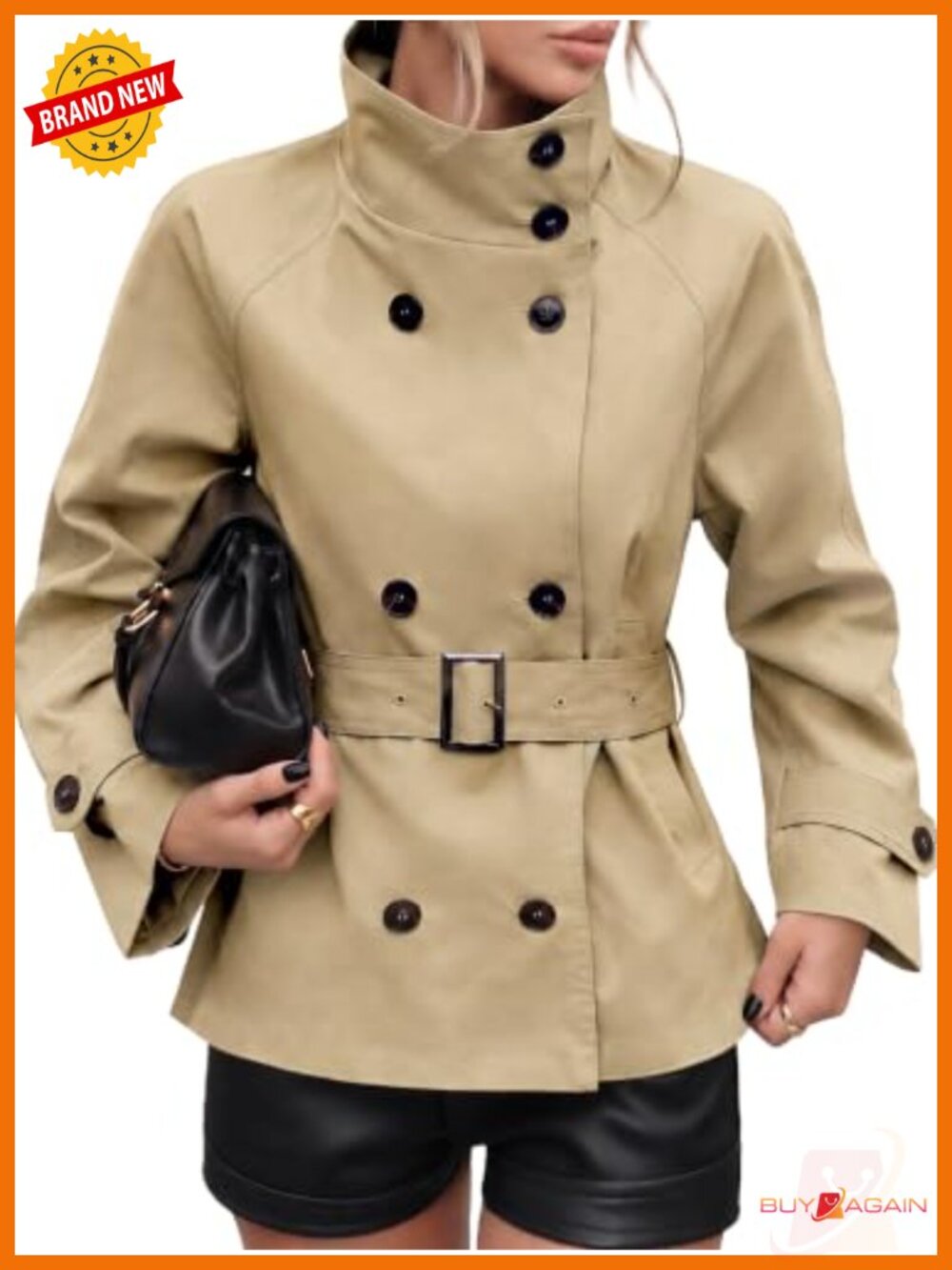 Cropped Trench Coat with Belt Button Closure Lightweight